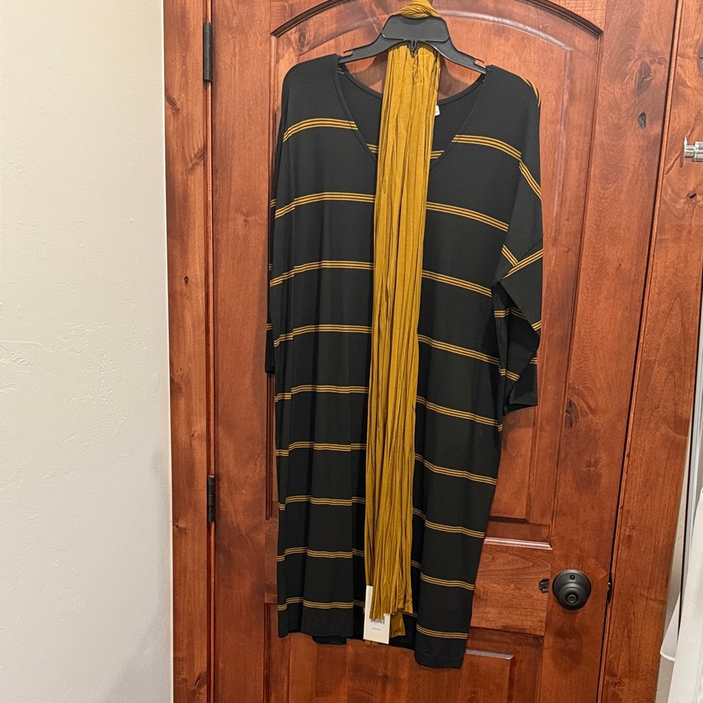 Black and Gold Striped Dress with Scarf